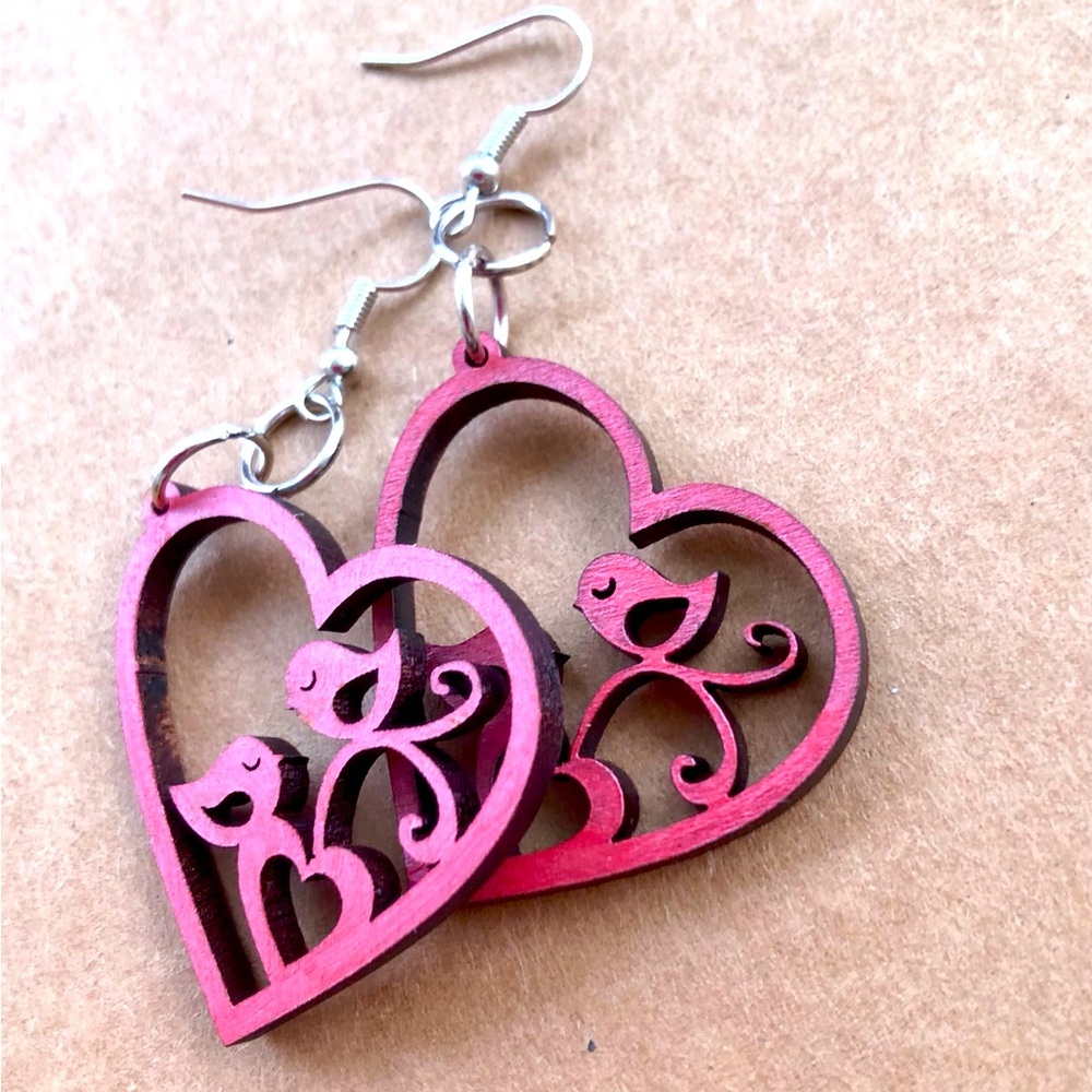 Handmade Laser Cut Birds on Brand Heart Wooden Dangle Earrings - Picture 1 of 2